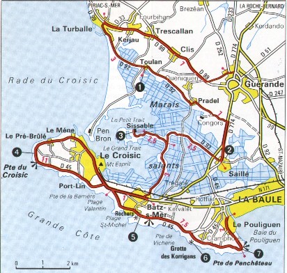 Carte de  La Baule, Le Croisic, Le Pouligen, Loire Atlantique, Bretagne Sud, France, Europe.