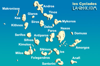 carte des îles Cyclades,  Grèce, Europe,  Un archipel de 56 îles (dont 24 habitées) qui peuple la mer Egée. 